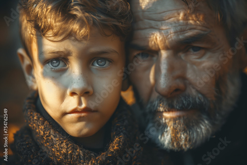 Close-up portrait of a senior man and young boy in warm lighting, symbolizing intergenerational family bond, with space for text on the right