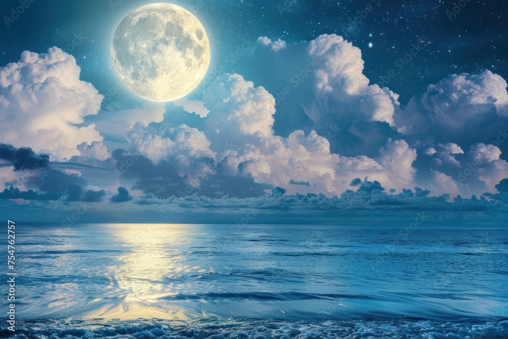 White full moon in the sea all night. Clouds. Blue sea