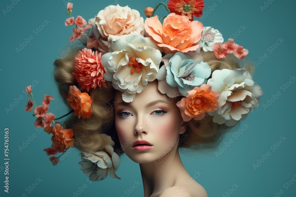 Radiant Model with head decorated with flowers. Artistic gorgeous pink floral hairstyle. Generate ai