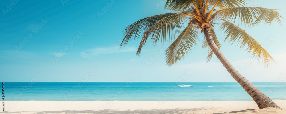 Tropical banner of a palm tree on a sandy beach with distant boat