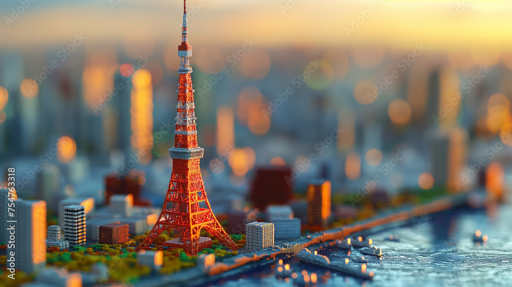 3Dモデリングされたボクセルアートの東京タワー - obrazy, fototapety, plakaty 