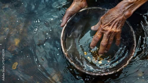 Withered hands sift through a sieve for gold in the water photo