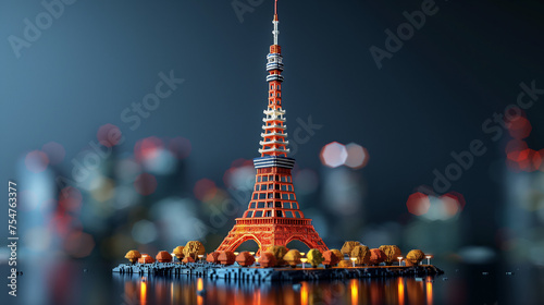 3Dモデリングされたボクセルアートの東京タワー