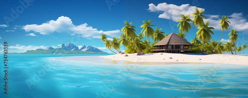 Secluded overwater bungalow on a sandy tropical island banner background