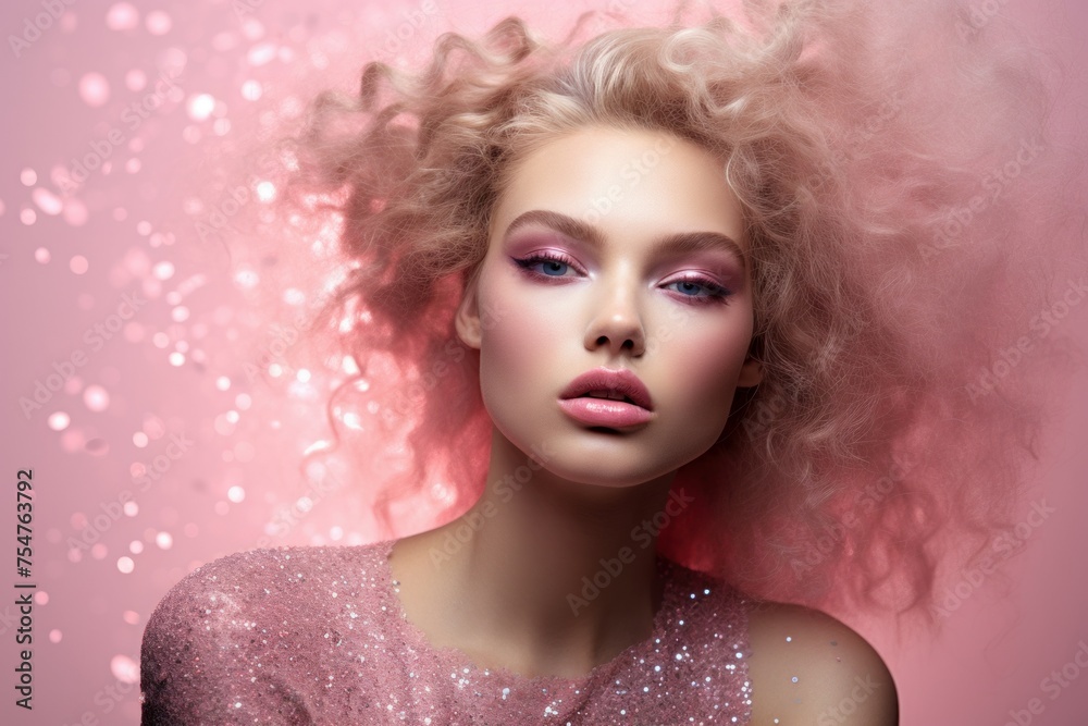 Trendy Model pink glitter. Beauty portrait. Generate Ai Trendy Model pink glitter. Beauty portrait. Generate Ai