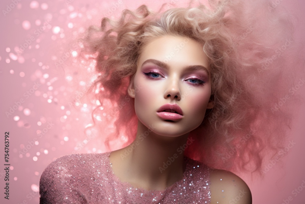 Trendy Model pink glitter. Beauty portrait. Generate Ai