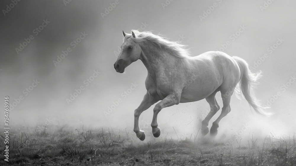 Fototapeta premium Horse Galloping in Misty Field: A Monochrome Portrait of Freedom