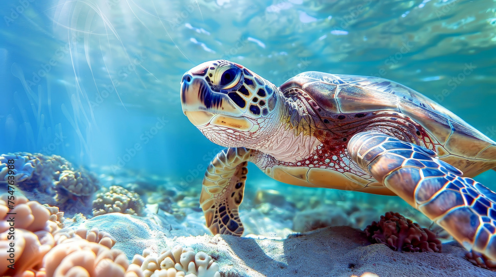 Obraz premium A turtle is swimming in the ocean