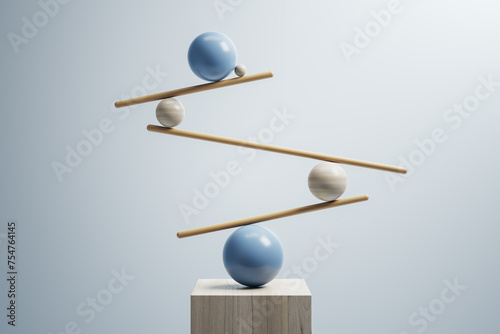 Surreal balance of spheres and rods on a wooden cube. Minimalist equilibrium concept. 3D Rendering