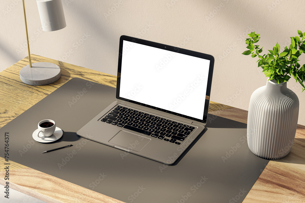 Sleek laptop mockup on wooden table with coffee cup, ready for work. 3D Rendering Sleek laptop mockup on wooden table with coffee cup, ready for work. 3D Rendering