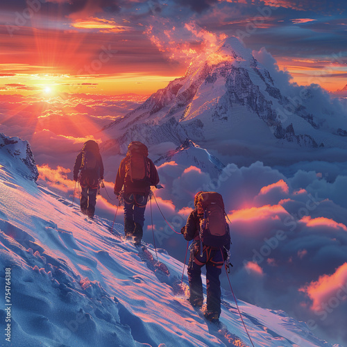 Hikers in Himalaya mountains at sunset. 3D Rendering