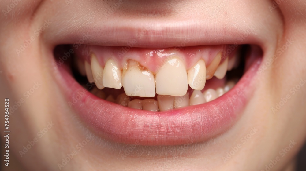 Fototapeta premium Closeup open mouth with very bad crooked teeth, caries. Ugly smile. Dental problems with oral hygiene.