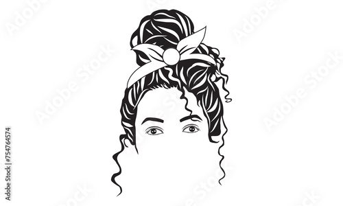 Hand drawn girl with messy hairstyle, vector line art illustration