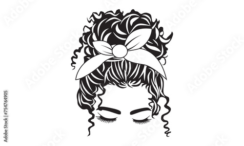 Woman messy bun hairstyle, isolated on white background, vector line art illustration