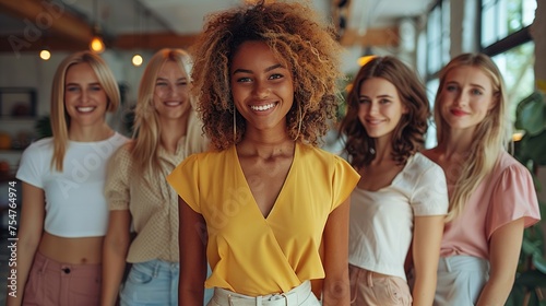 Beautiful young African American woman with Afro hairstyle is looking at camera and smiling while standing with her friends in cafe. Generative Ai.  © zorandim75