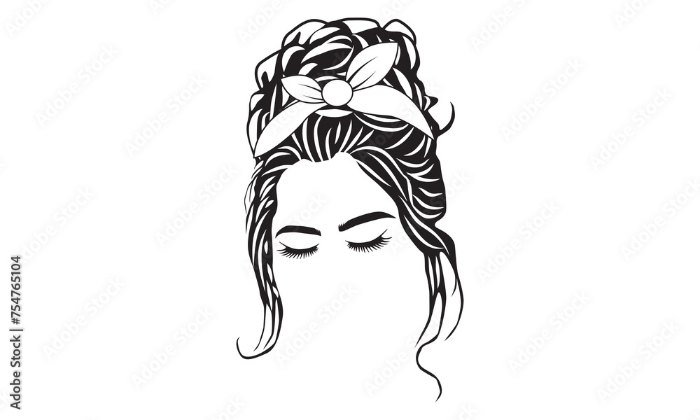 Woman face with messy hair in a bun and long eyelashes. vector illustration