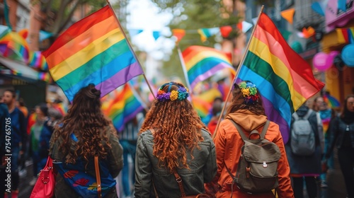 People with rainbows flags in the annual Pride Parade. Generative Ai.  photo