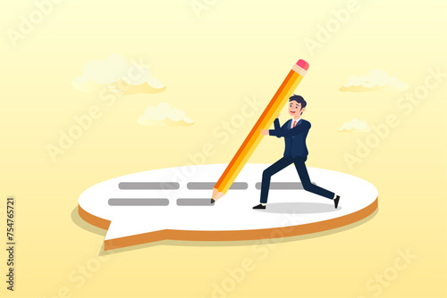 Businessman writing message on speech bubble, written communication, writing email skill to success, communicate with text or message, understanding or effective handwriting manuscript (Vector)