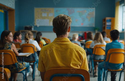 A man in a yellow shirt sits among many others in a classroom. AI generated