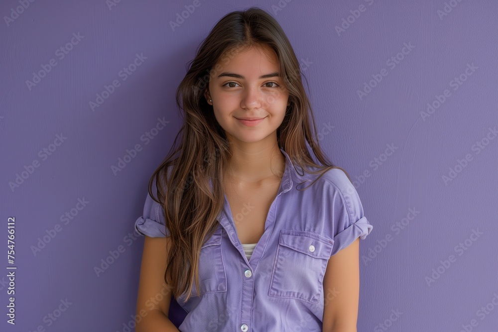 Fototapeta premium A woman is smiling and wearing a purple shirt