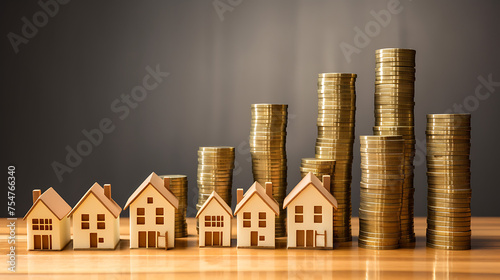 Real estate investment concept. House model and stack of gold coins.