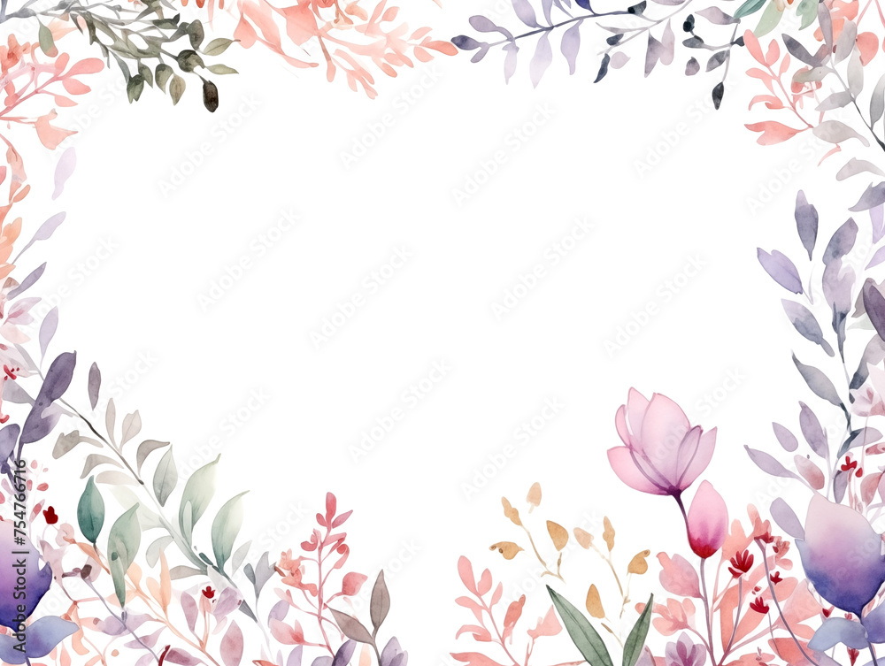 Flowers and leaves botanical border frame pastel color with copy space in the middle spring season on white background