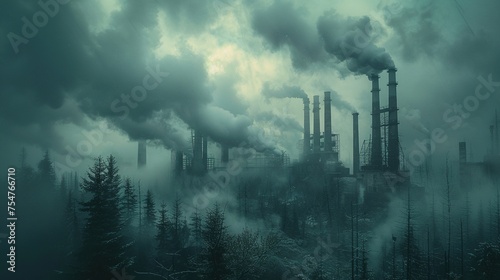 Factory polluting the environment. Pollution of the environment concept. Generative Ai. 