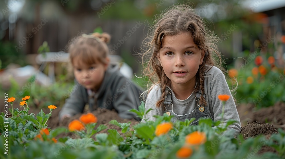 Two little girls working in the vegetable garden. Generative Ai. Two little girls working in the vegetable garden. Generative Ai.