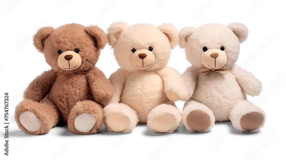 Three teddy bears sitting on the floor isolated on a white background Three teddy bears sitting on the floor isolated on a white background