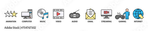Multimedia banner web icon set vector illustration concept with icon of animation, computer, music, video, audio, e-mail, streaming, gaming and internet