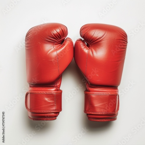 A realistic photo with red boxing gloves against a white background. © wpw