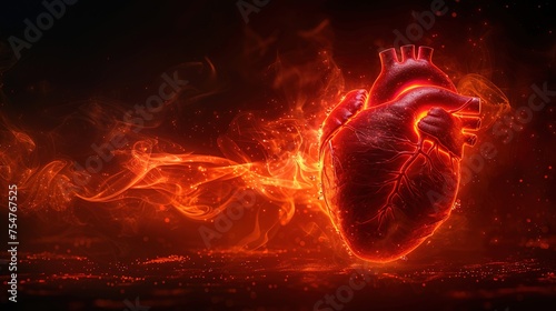 Human heart in red smoke on black background. Generative Ai. 