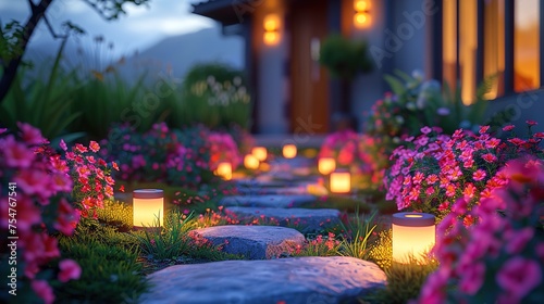 Small Solar Garden Light, Lanterns In Flower Bed. Garden Design. Solar Powered Lamp. Generative Ai