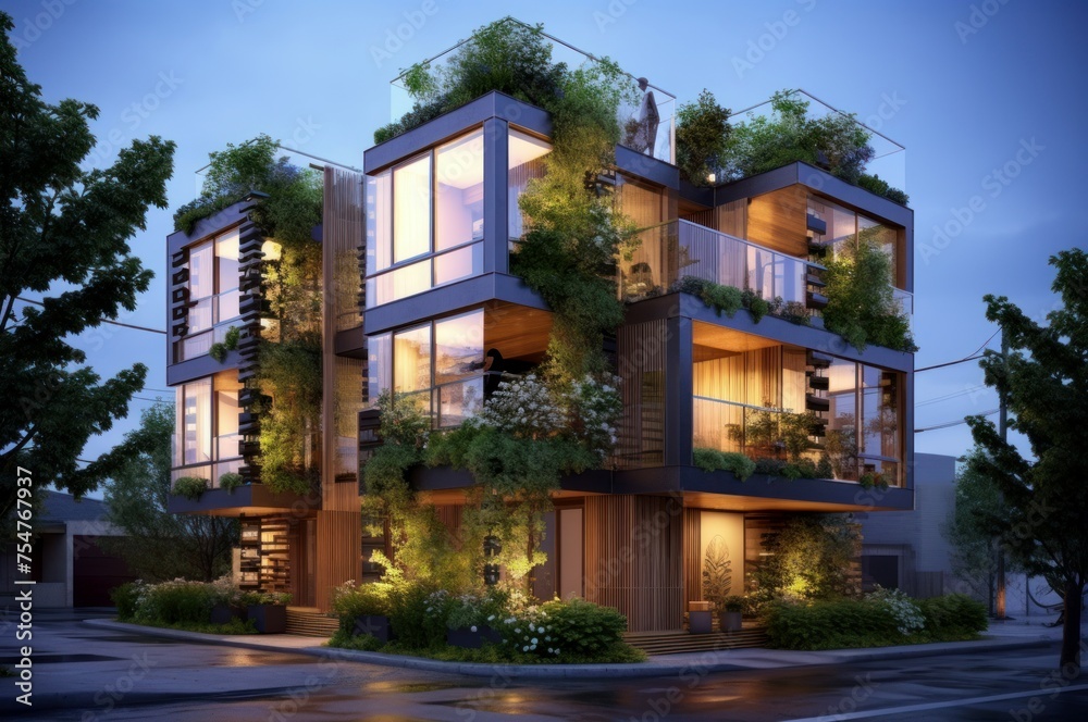 Energy-efficient Modern eco friendly homes at morning sunrise. Apartment home sun industry living. Generate Ai