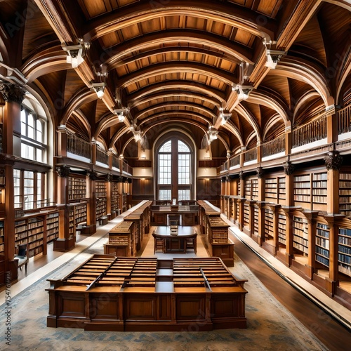 A grand university library with soaring  arched ceilings and rows of oak bookshelves