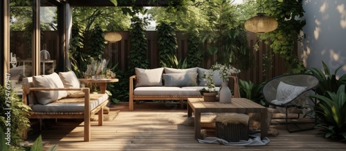 A wooden sofa set, dining table with chairs, and potted plants adorn a tranquil backyard patio, creating an inviting outdoor space for relaxation and dining. © TheWaterMeloonProjec