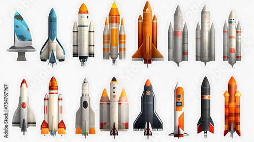 Set of different space rockets isolated on white background. Vector illustration.