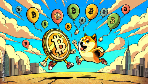 Concept of the image of the pleased bitcoin and doge coin.
Vector illustration.