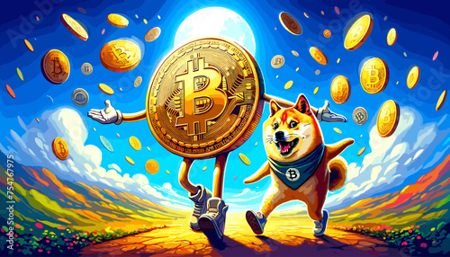 Concept of the image of the pleased bitcoin and doge coin.
Vector illustration.