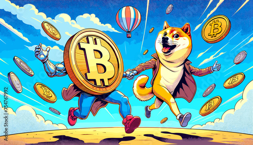 Concept of the image of the pleased bitcoin and doge coin.
Vector illustration.