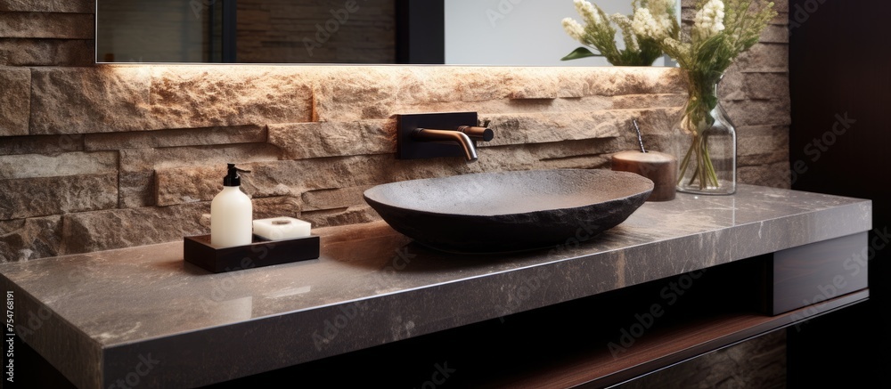 A small contemporary bathroom sink is featured in front of a stone wall, adding a touch of modern elegance to the space. A small contemporary bathroom sink is featured in front of a stone wall, adding a touch of modern elegance to the space.