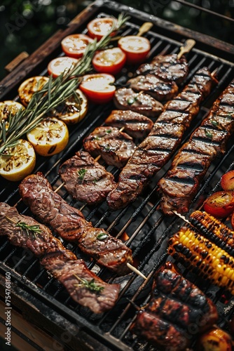 Barbecue with delicious grilled meat and vegetables on grill  closeup. Generative Ai. 