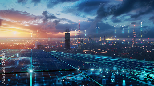 Create an image portraying the integration of renewable energy sources into Middle Eastern digital network infrastructure to power data centers and telecommunications.