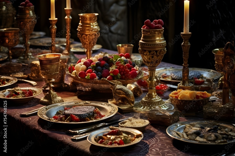 Medieval Banquet Feasting in Royal Style with Ornate