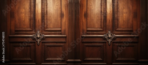 A brown wooden door featuring a lion head carving as a decorative element. The lions head is intricately crafted and adds a touch of elegance to the doors design.