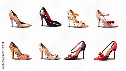 Set of different high heel shoes isolated on white background.