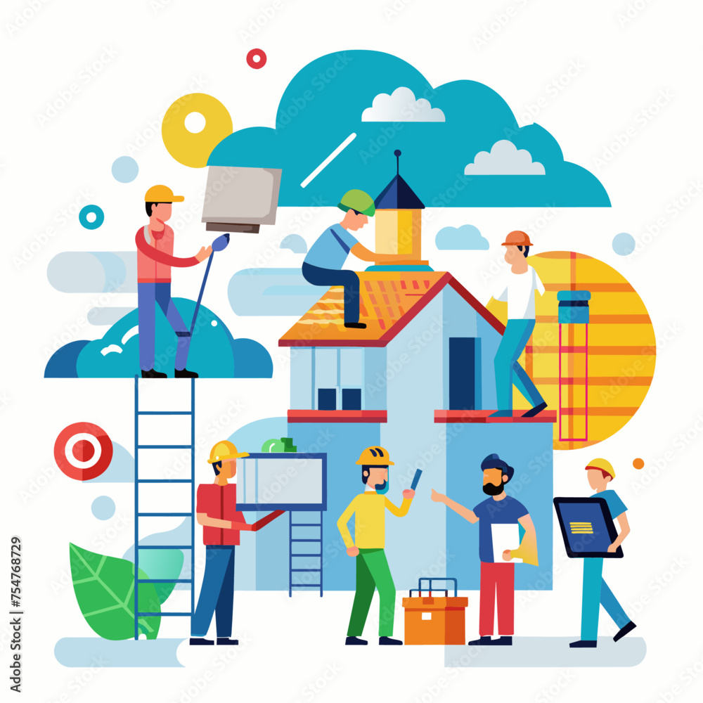 construction people are repairing the house. Flat vector illustration