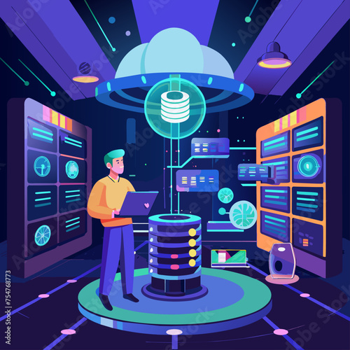 Server room with man working on laptop. Vector illustration in flat style