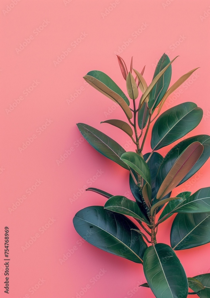 Fresh Green Rubber Plant Leaves on Vibrant Pink Background for Modern Botanical Concept Fresh Green Rubber Plant Leaves on Vibrant Pink Background for Modern Botanical Concept