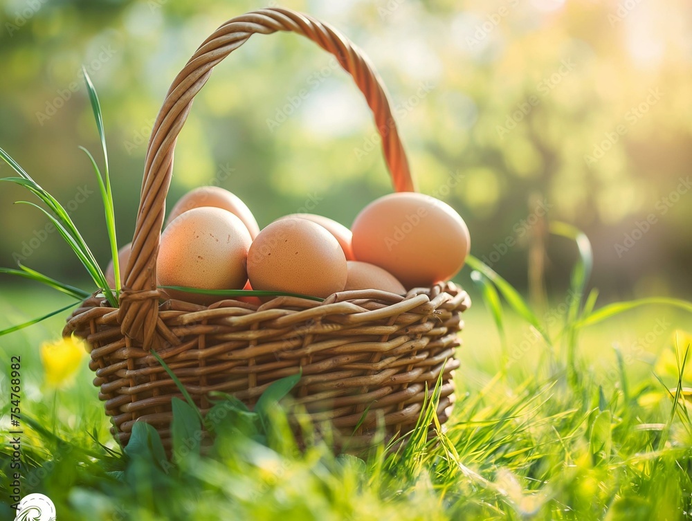 Fresh Brown Eggs in Wicker Basket on Sunny Spring Grass Field Fresh Brown Eggs in Wicker Basket on Sunny Spring Grass Field